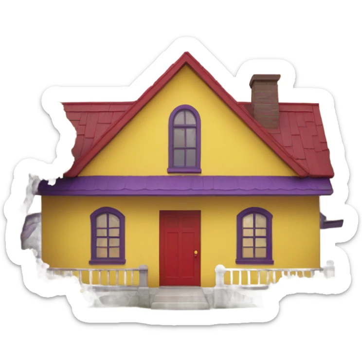 A house with a red roof on the yellow outside and a purple door sticker