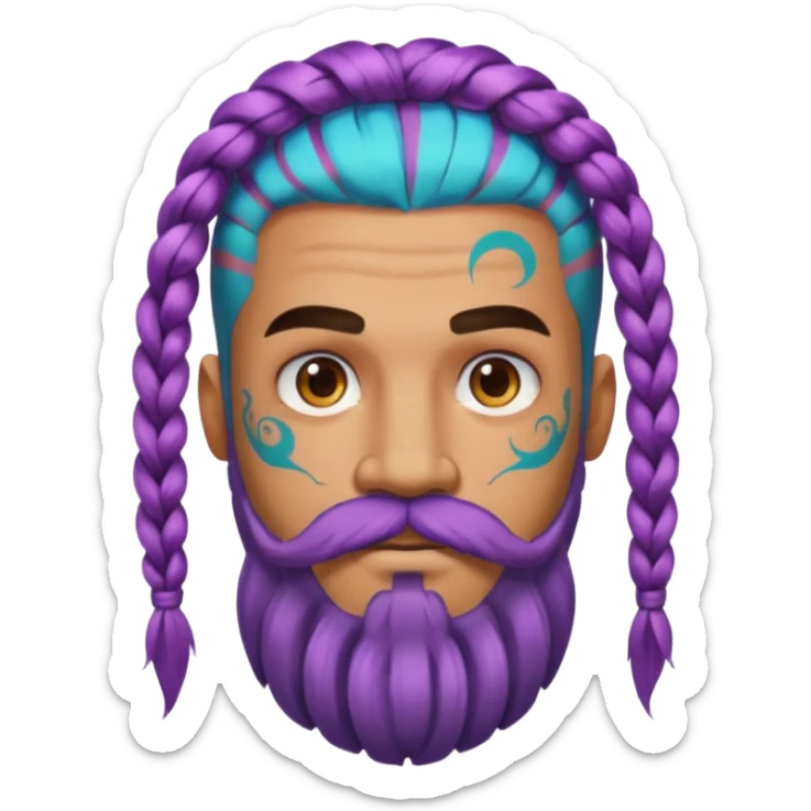 big lose braids starting from the top sides of the head hair like a unicorn man with mustache face wiith big visible loose only two braids and lots and lots of colored face tattoos colored tattoos like a tattoo artist hair unique color and beard sticker