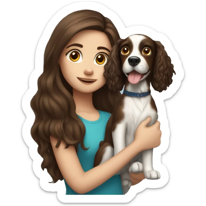long hair brunette girl with blue eyes and a spaniel dog in her hands sticker