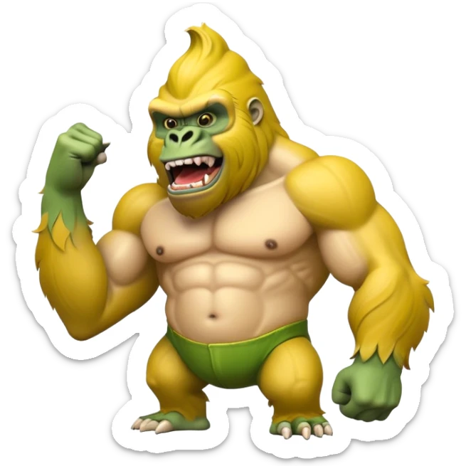 A yellow curved banana body with a muscular green gorilla head on top, showing teeth sticker