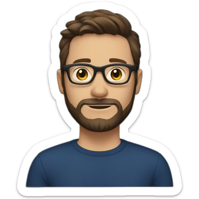 A man with short brown hair and Beard and round black glasses, wearing a dark blue shirt sticker