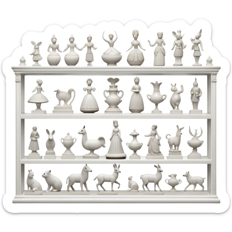 Icon for Porcelain Figurine Collecting: a collection of delicate porcelain figurines, such as animals, dancers, and historical characters, displayed on a shelf or in a display case. The icon should convey the elegance and artistry of collecting porcelain statues. Transparent background. sticker