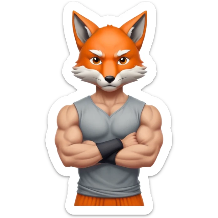 Człowiek z głową lisa, ma umięśnione ciało i złożone ręce. Groźna mina. Jest w kolorze szarym.  sticker