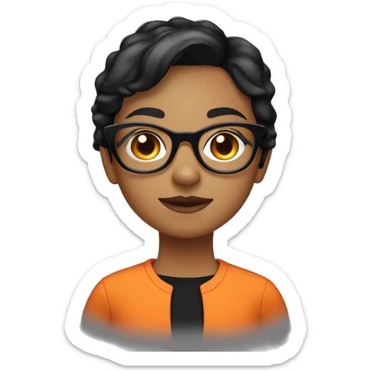 a girl wearing round white glasses, short black hair, wearing an orange shirt with a pointed collar sticker