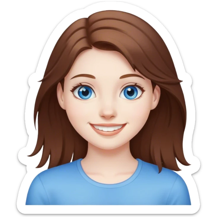 Girl with brown hair and blue eyes with pale skin smiling sticker