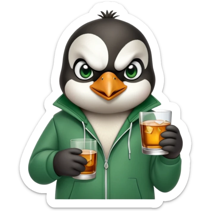 head and shoulders portrait of a friendly anthropomorphised penguin wearing a green mafia-style tracksuit, angry intense brooding expression, holding a glass of whiskey sticker