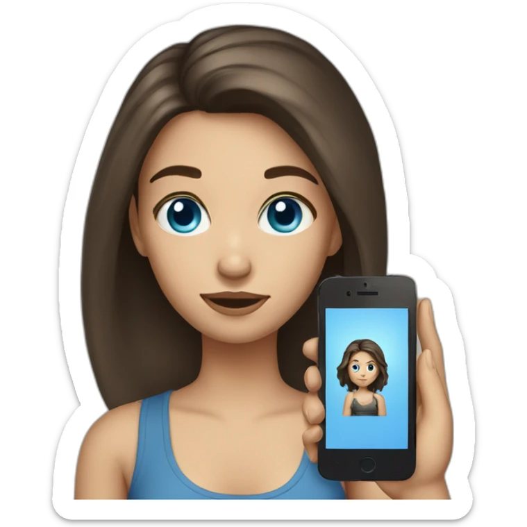 Brunette girl with hair attached to blue eyes with a phone in her hand sticker