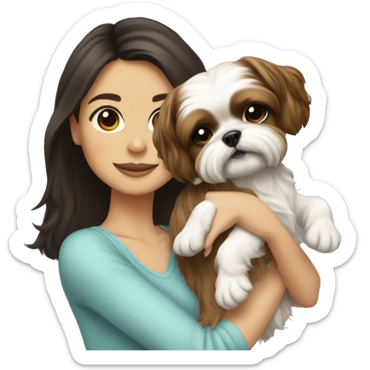Young dark brunette hair woman with a golden shih tzu in her arms long hair sticker