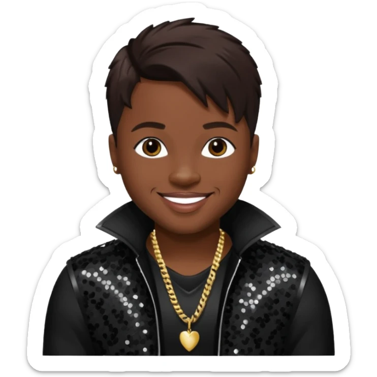 Nokio from Dru Hill with dark brown hair, black sequin outfit, dark skin sticker