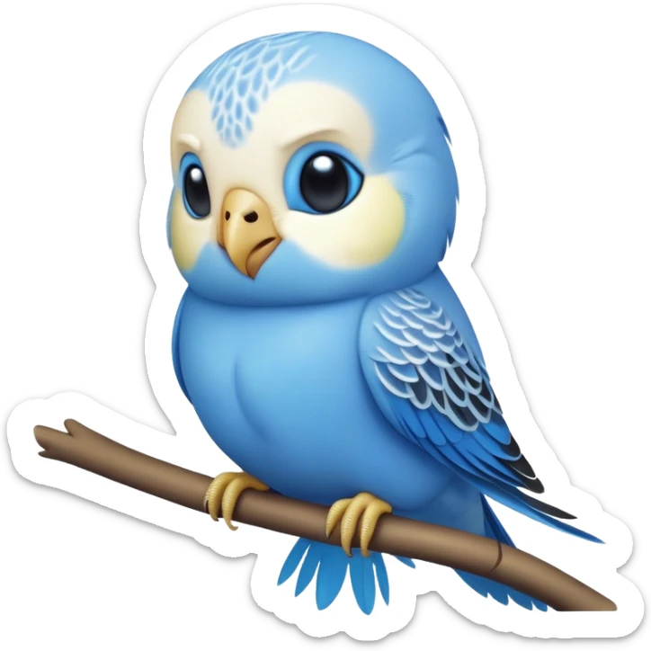 adorable-[budgie]-realistic-full-body-perched-emoji,-wings-tucked-neatly,-head-tilted-dramatically,-sleek-[blue]-feathers,-simplified-yet-realistic-focused-features,-highly-detailed,-glowing-with-an-almost-sarcastic-glow sticker