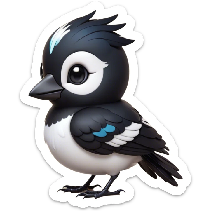 Cinematic Cute Magpie Portrait Emoji, Head tilted playfully and inquisitively, featuring a compact, elegant form with glossy, contrasting black and white feathers and round, sparkling eyes full of playful charm, Simplified yet irresistibly adorable features, highly detailed, glowing with a warm, inviting glow, high shine, affectionate and lively, stylized with a touch of whimsical urban flair, soft glowing outline, capturing the essence of a mischievous yet endearing magpie that seems as if it could flit out of the screen into your arms! sticker