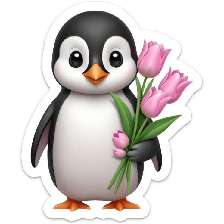Cute baby penguin holding flower bouquet wraped in white paper and all flowers tulips in pink colour sticker