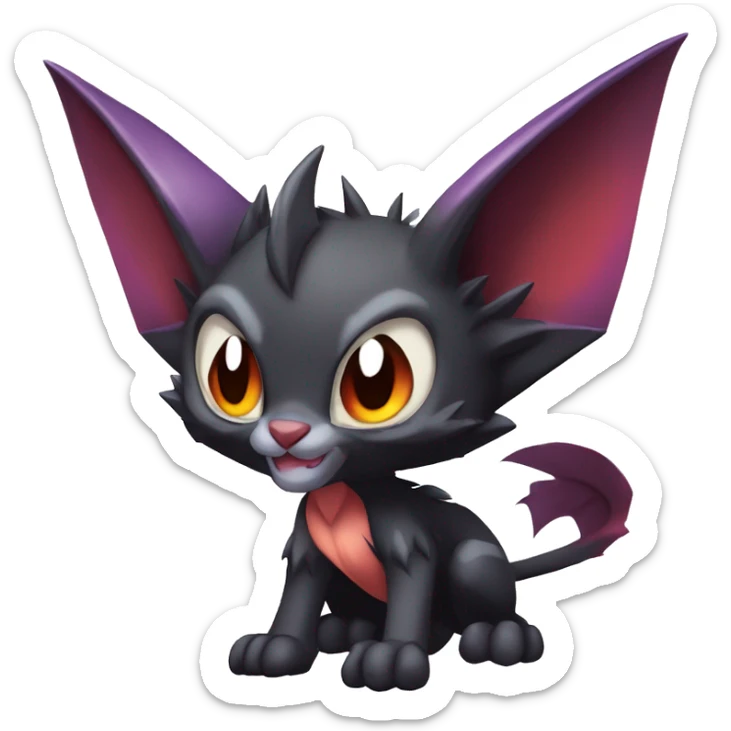 Black cool vampiric Noivern-Litten-Lykoi-Caracal-Fakemon with big bat ears full-body sticker
