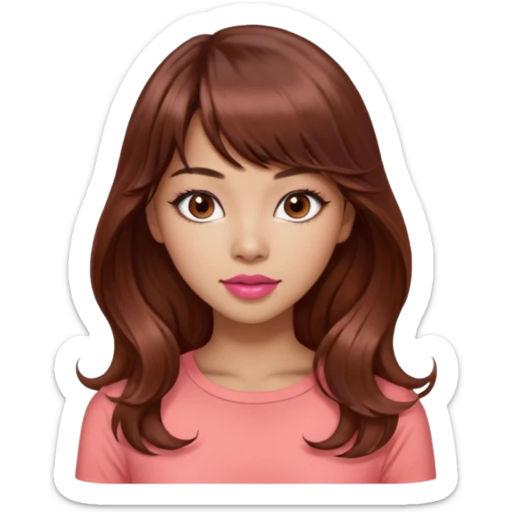 gorgeous woman, light tan skin, dark brown eyes, very long wavy auburn hair, bangs, pink top, coral lipstick, cool, model, mixed asian and latina sticker