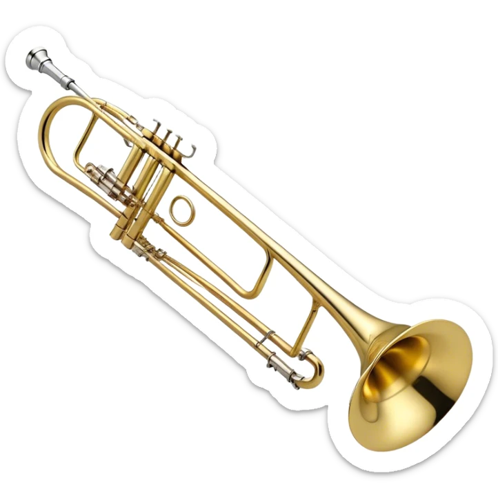 Create an elegant and detailed emoji representing the Bach Bb/F tenor trombone. The design should feature the smooth, shiny brass body of the trombone, showcasing its large, flared bell and curved tubing. Highlight the tuning slide with its polished metal finish, and the mouthpiece should be clearly visible. The trombone’s surface should have a gleaming brass tone with subtle silver accents around the mouthpiece and slide. Add a few musical notes or soundwaves emanating from the bell to emphasize the powerful sound of the trombone. Use golden and brass tones with reflective light effects to enhance the trombone’s professional and high-quality appearance. The background should be transparent. sticker