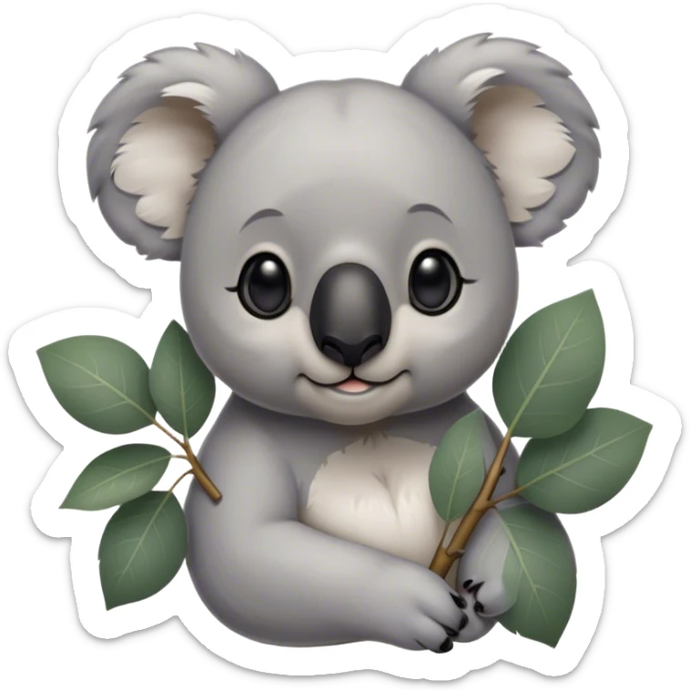 Cinematic Noble Koala Portrait Emoji, Poised and regal, with a stocky, cuddly build and a plush, well-groomed grey fur, large round ears and a distinctive big black nose, deep-set soulful dark eyes, Simplified yet sharp and sophisticated features, highly detailed, glowing with a soft, dignified glow, high shine, intelligent and gentle, stylized with an air of eucalyptus elegance, focused and attentive, soft glowing outline, capturing the essence of a watchful and confident marsupial, so majestic it feels as though it could climb out of the screen with effortless authority! sticker