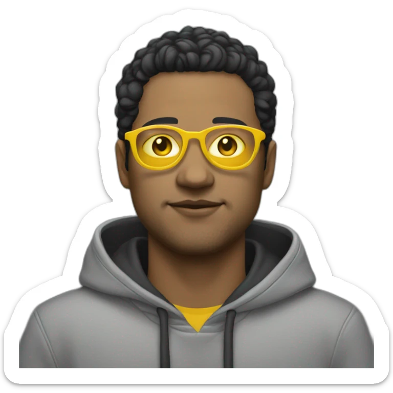 White man with yellow tinted glasses and black hair in a gray hoodie sticker