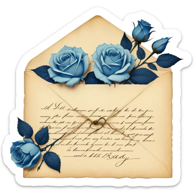 An antique handwritten letter with dried light blue roses and a navy wax seal, vintage aesthetic. sticker