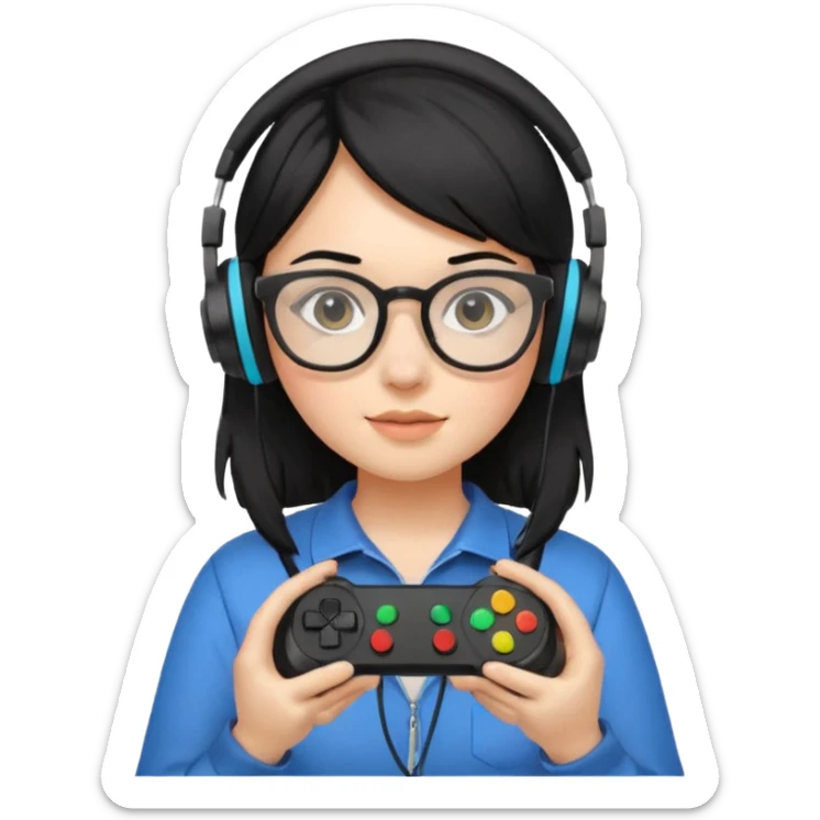 
gamer, black hair girl with glasses, headphone, gamepad sticker