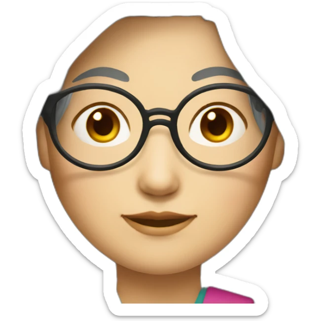 Chinese lady with very lightly grey hair to shoulder length wear glasses wear Chinese colourful dress sticker