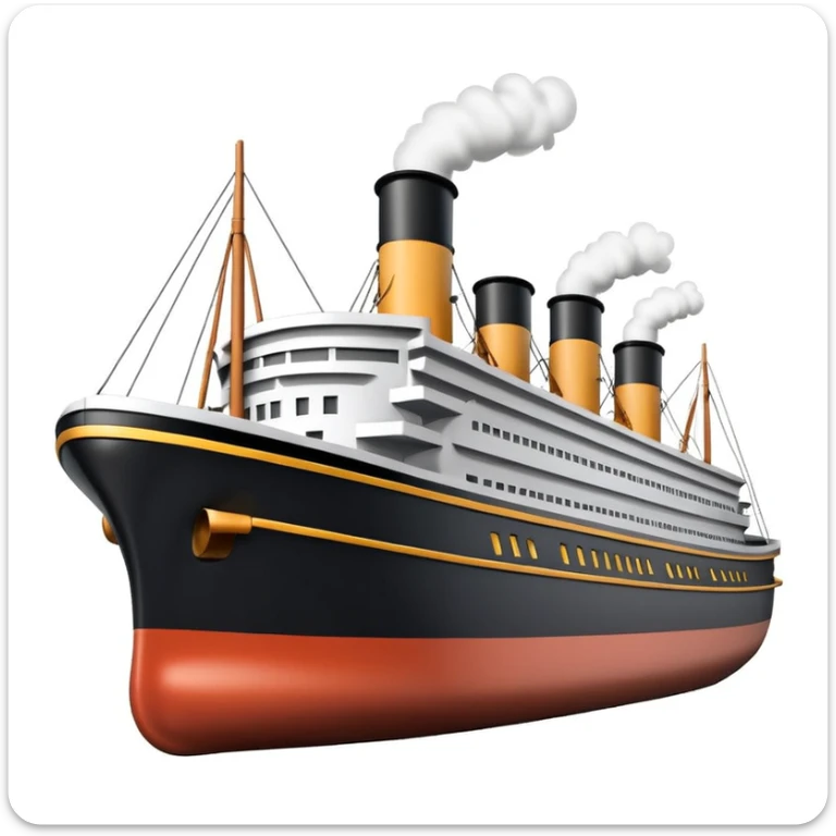 3D Apple-style emoji of the Titanic ship with simplified shapes, cartoon-like look, glossy finish, soft shadows, white background, featuring four smokestacks, black hull, and white upper decks, recognizable key features sticker