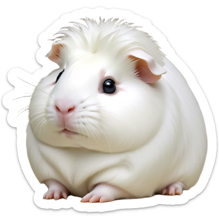 Cinematic Noble White Guinea Pig Portrait Emoji, Poised and regal, with a compact, chubby build and a pristine, well-groomed pure white coat, deep-set soulful dark eyes, Simplified yet sharp and sophisticated features, highly detailed, glowing with a soft, dignified glow, high shine, intelligent and sweet, stylized with an air of gentle purity, focused and attentive, soft glowing outline, capturing the essence of a watchful and confident little companion, so majestic it feels as though it could scurry out of the screen with effortless authority! sticker