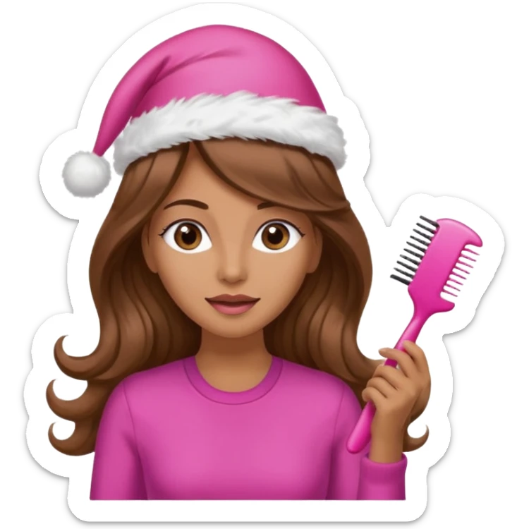 mujer peinandose en la peluqueria y con un gorro de navidad rosado, cabello largo café y ondulado sticker