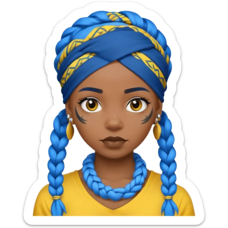 blue braided hair with yellow head bandana and lots of face tattoo black skin girl sticker