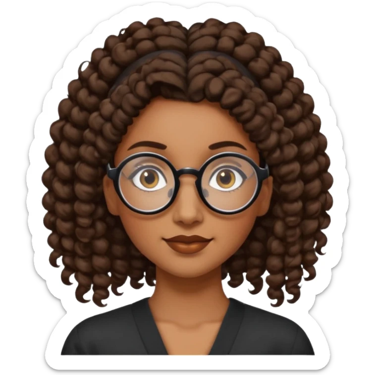 chica morena de ojos claros con gafas negras exagonales redondeadas. y pelo rizado castaño con todo el pelo recogido en una coleta .. Con todo el pelo recogido un clen look solamente una coleta sticker