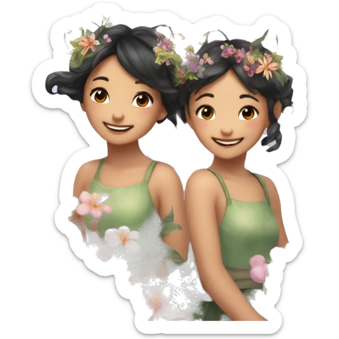 two fairies flying, beautiful, flowers in hair, smiling, aesthetic,asian girls sticker