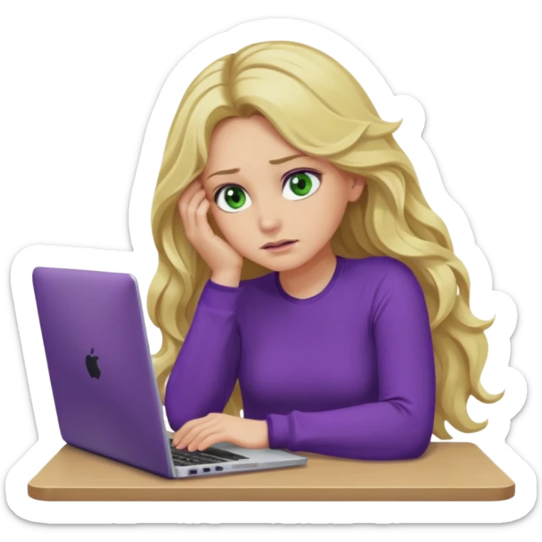 lady with long blonde wavy hair, purple top, green eyes,one elbow one desk hand on face with a laptop looking defeated sticker