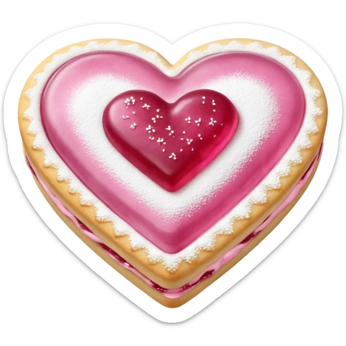 Realistic shortbread cookie in the shape of a heart with pink jelly middle filling and sprinkled powder sugar on top. sticker