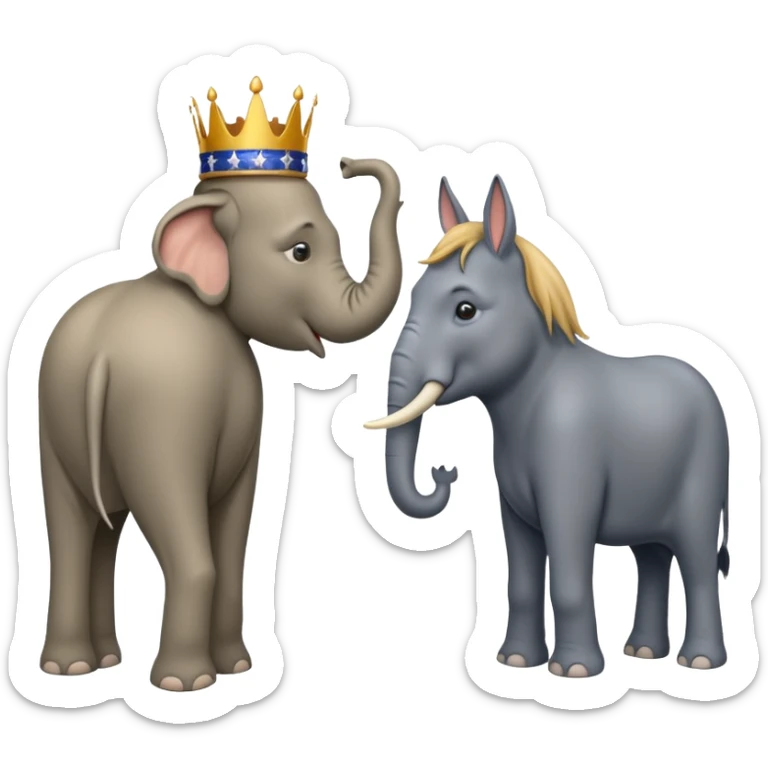 Democratic Party elephant facing Republican Party donkey with King Trump inbetween sticker
