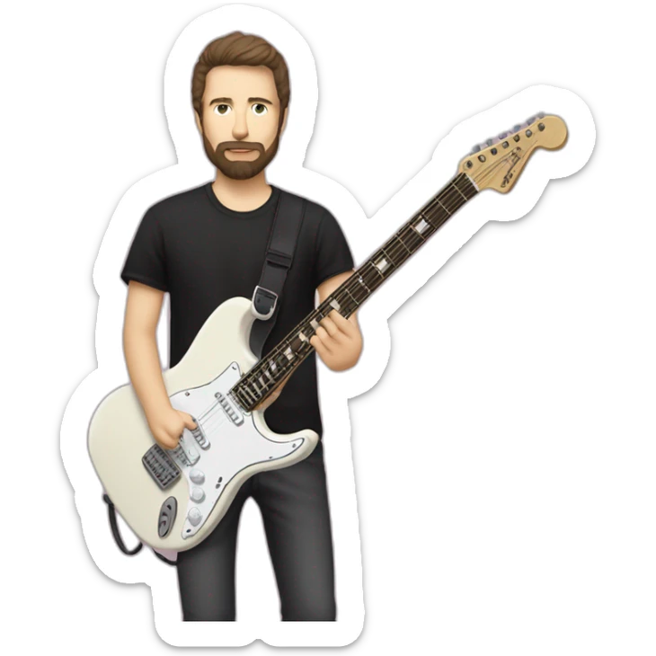 white man with dark beard and black t shirt and pastel pink stratocaster electric guitar without pickguard sticker