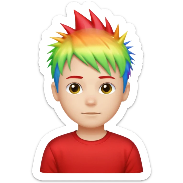 Boy with rainbow streaks — short spiky hair glowing under light, red T-shirt sticker