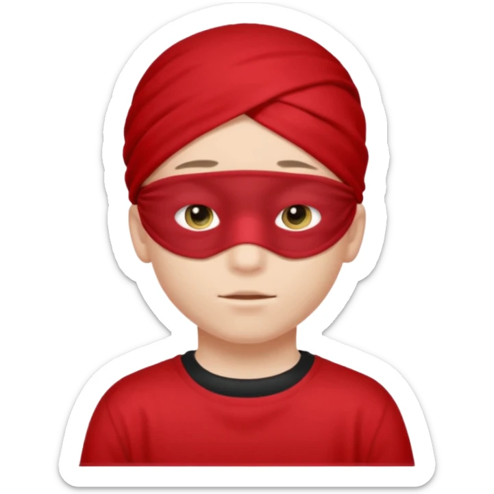 boy wearing red cloth over only eyes boy wears black t-shirt sticker