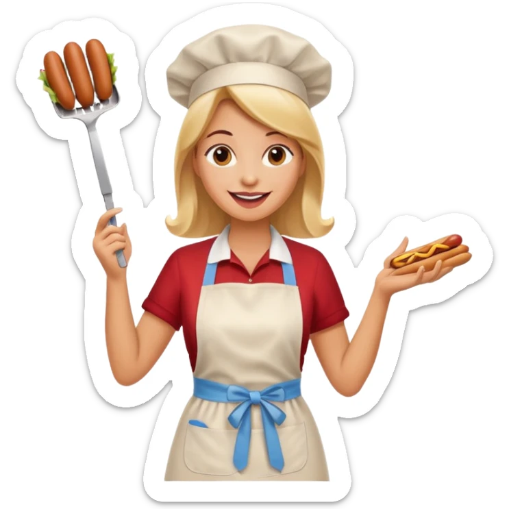 A cheerful woman selling hotdogs, waving a tongs in one hand. sticker