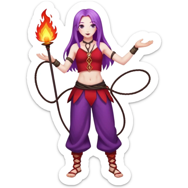 Full body Poi fire performer pale skin with long purple hair red clothes sticker