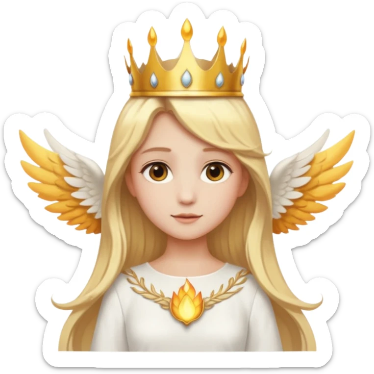 Emoji-style angel: blonde hair, golden flame-like crown, golden halo, large detailed white wings, white dress, soft cute emoji aesthetic. sticker