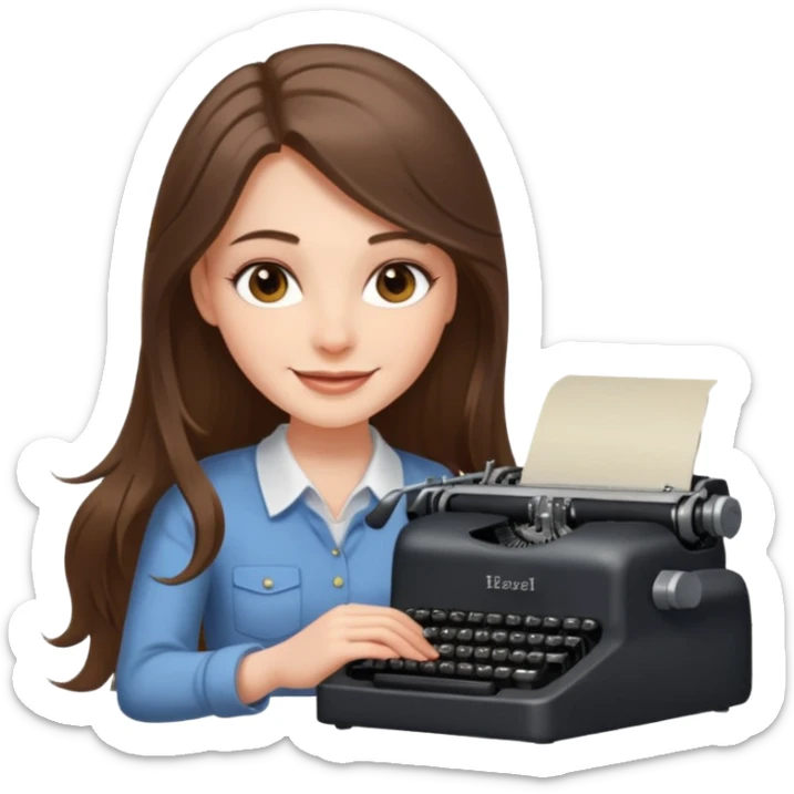 smiling white long brunette hair girl with hazel eyes typing on a typewriter sticker