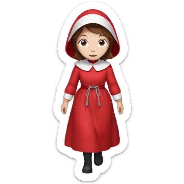handmaids tale style woman burning house down walking away from house. shes wearing the nun hands maid tale hat cant see her face with brown hair shes wearing the red handmaids tale costume with white bonnet. walking away from the house sticker