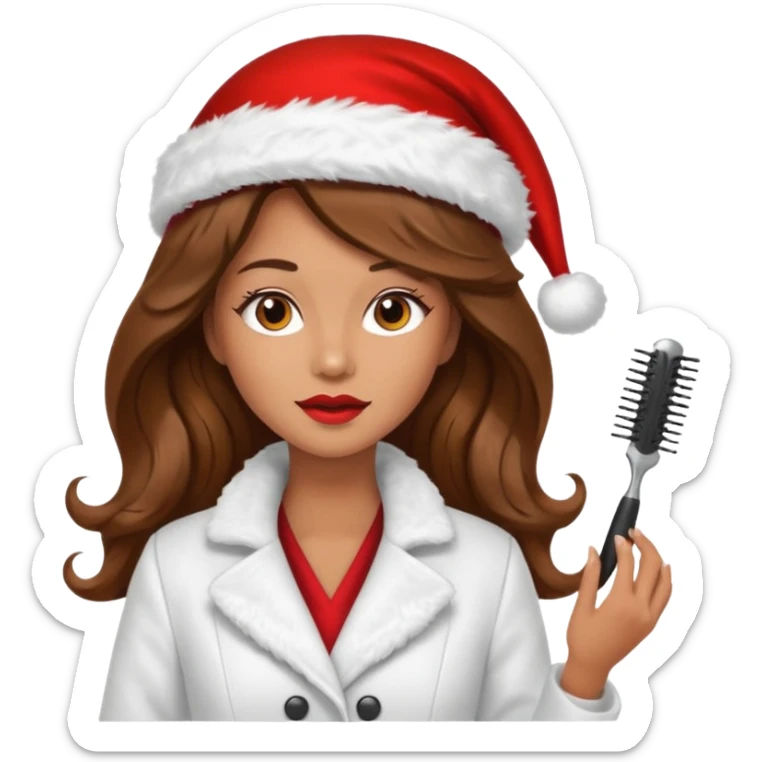 mujer peinandose en la peluqueria y con un gorro de navidad, cabello largo café y ondulado sticker