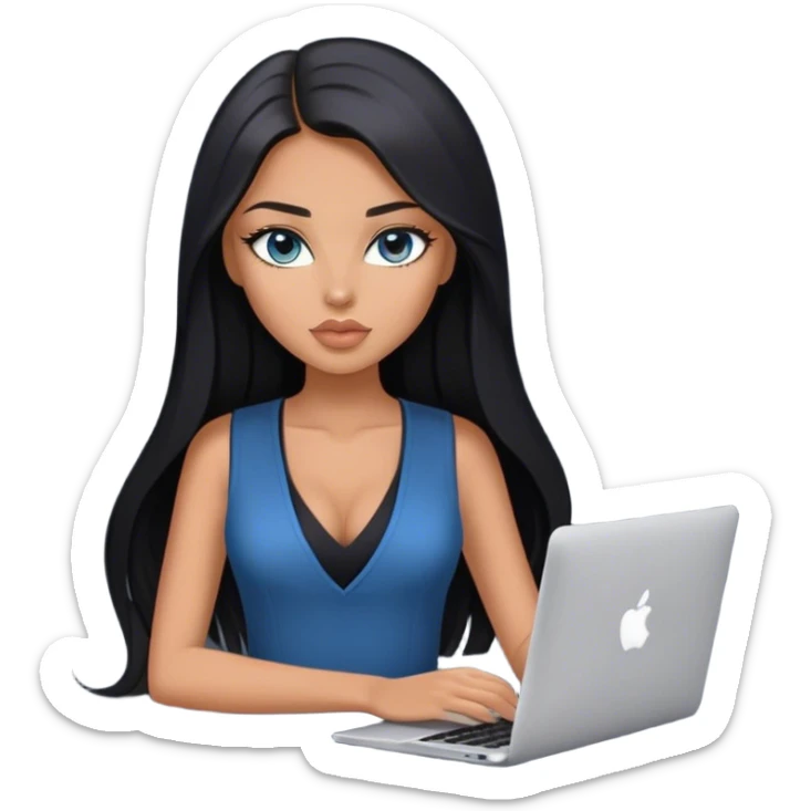 Glamours tanned very beautiful girl with pump peach nude lips and black straight smooth long hair, blue-grey eyes in beautiful black  v-neck vest from the suit (short sleeves) no blazer and no anything under the vest, only vest with MacBook sticker