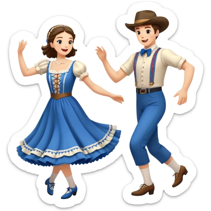 Cinematic Realistic scene of two square dancers in traditional American folk costumes, captured in joyful, coordinated motion with vibrant, rustic lighting that highlights their cultural heritage sticker