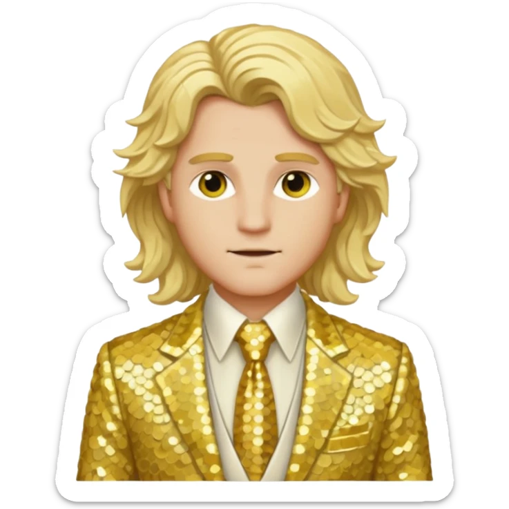 Apollo from Greek Mythology with long blonde wavy hair, ivory sequin suit jacket and tie, yellow shirt sticker