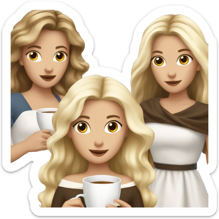 Four beautiful white european girls, one with blond hair and two dark blond hair in dresses drinking coffee  sticker
