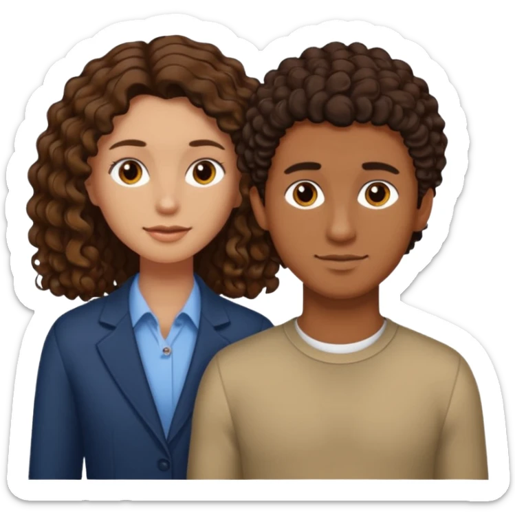 white male with short, straight, medium brown hair, shorter mixed toned woman with long curly dark brown hair, relationship sticker