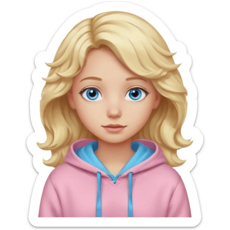 Generate a blonde girl with blue eyes with wavy hair in a pastel pink hoodie  sticker