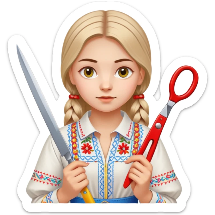 Ukrainian young girl in a white embroidered traditional shirt (vyshyvanka) holding scissors and colored cardboard sticker