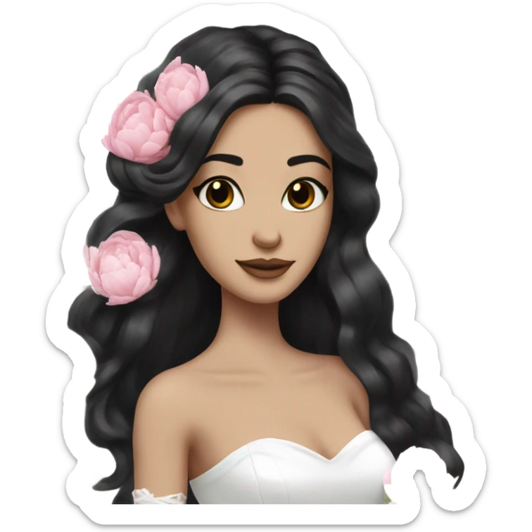 White bride with long black hair and brown eyes with light pink peonies in hair white skin  sticker